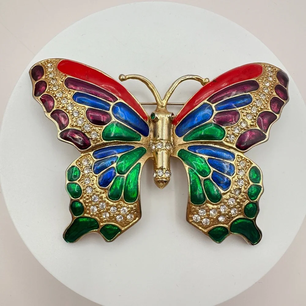 Vintage 90s Gold Tone Butterfly Brooch Enamel Glass Boho Jewelry